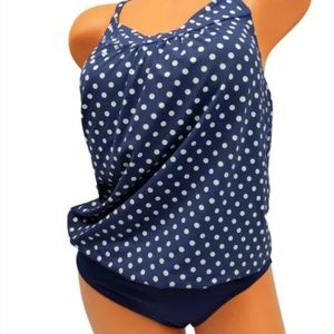 $15 Land's End Tankini & Bottom Set Size 6 Navy/White Polka Dots